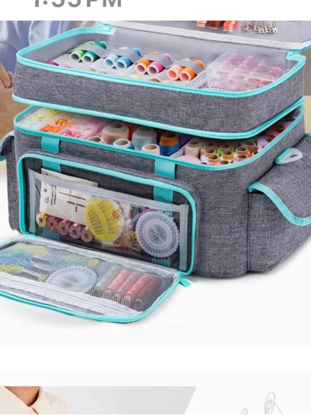 Portable Gray & Teal Craft or Sewing Organizer Bag with Turquoise Trim NEW